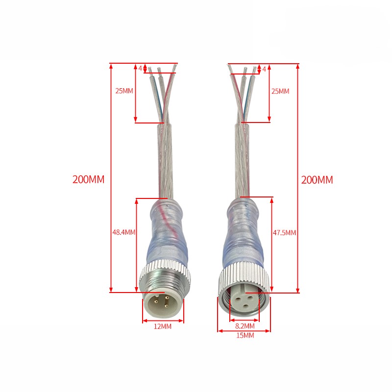 M12 waterproof connector 2-4 pin transparent