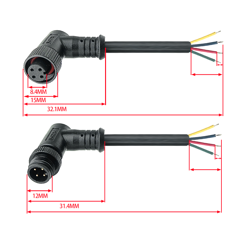 M12 waterproof connector 90 degree elbow 2-8 pin